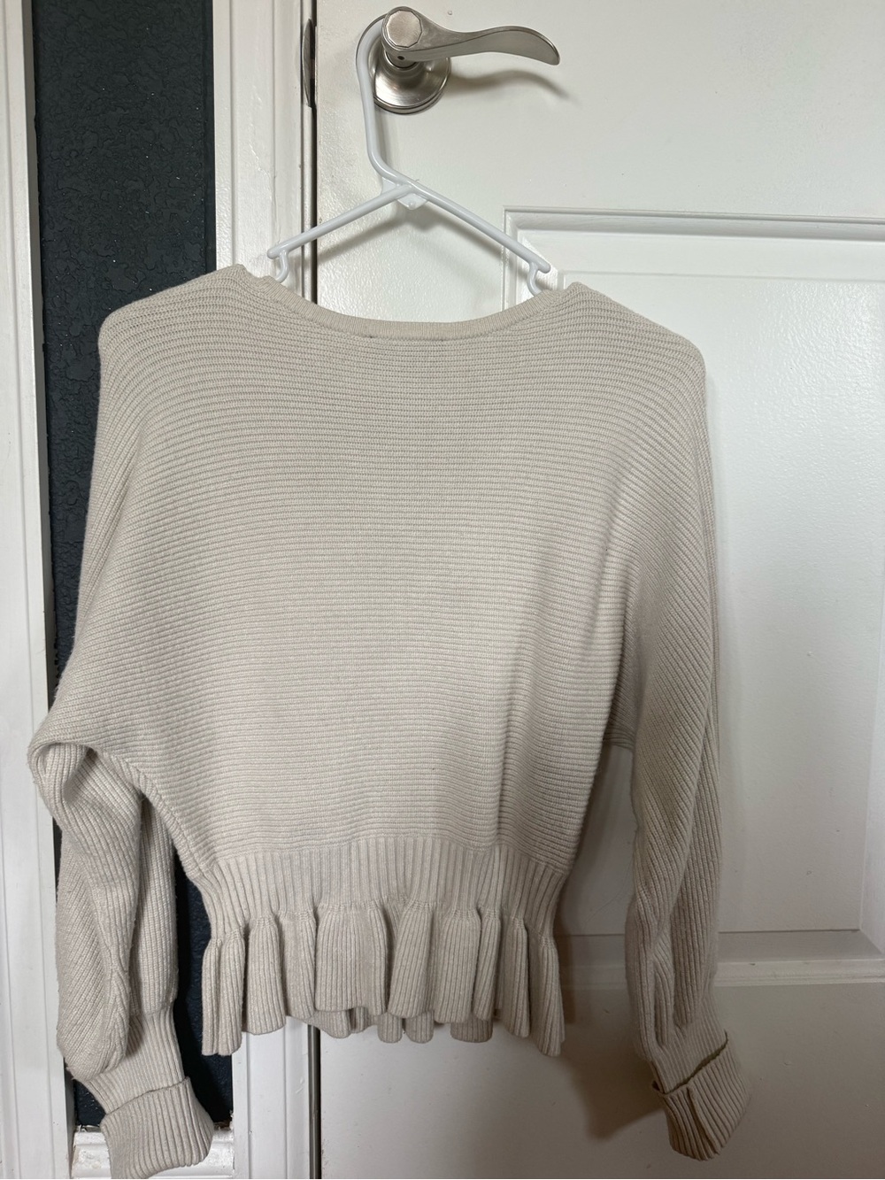 Express Beige Wrap V-Neck Ribbed Sweater with Ruffle Hem - Picture 3 of 4